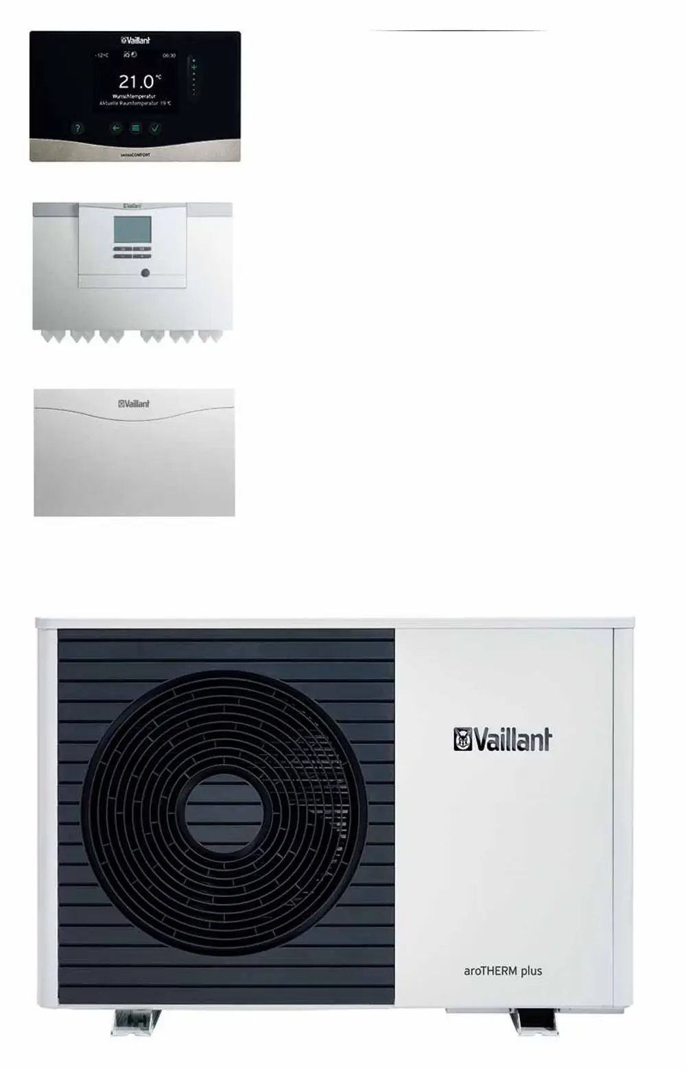 Vaillant Außen- und Inneneinheiten für Wärmepumpensystem, bestehend aus einem Außengerät und zwei Inneneinheiten zur Wärmeverteilung.